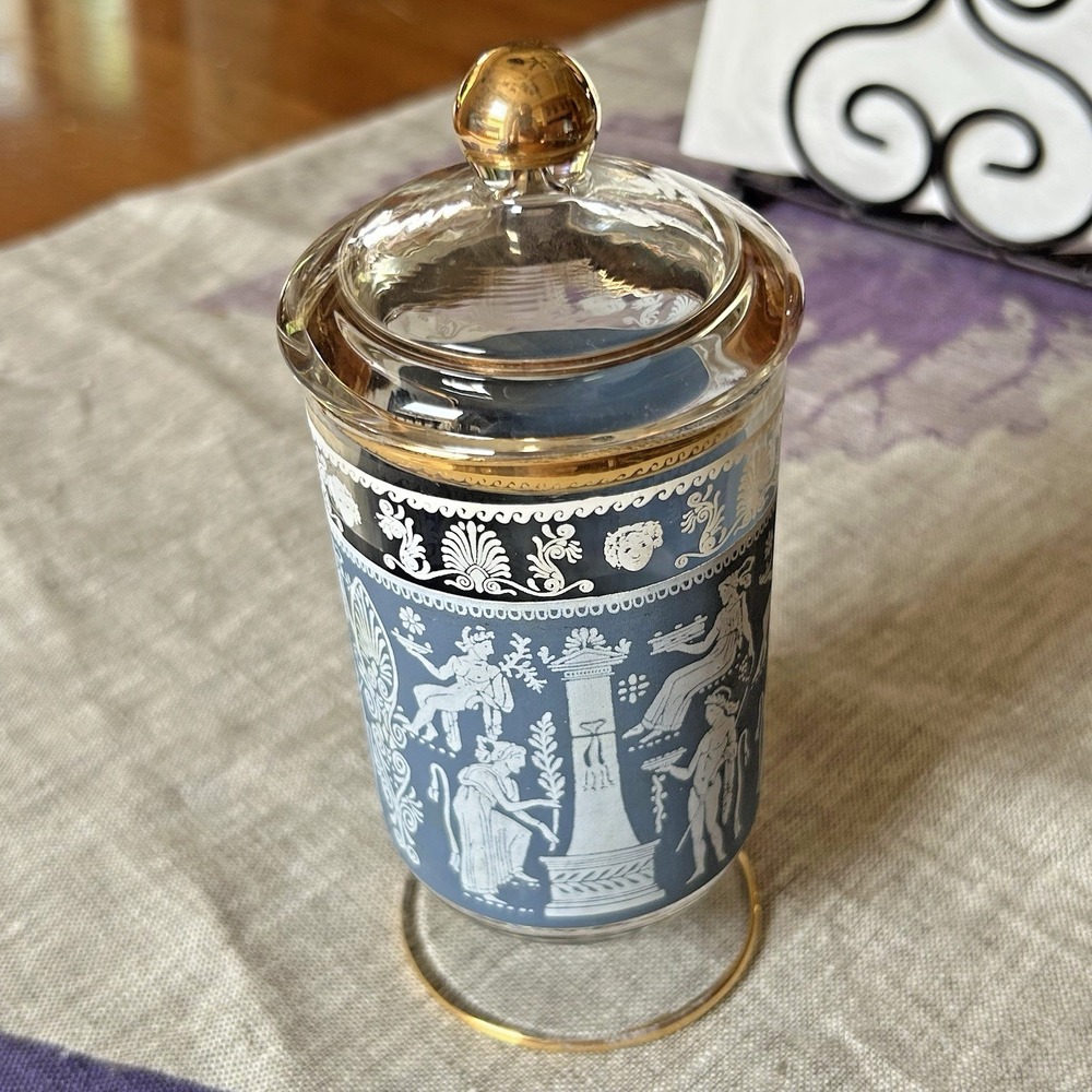 Vtg Jeanette Glass Hellenic Blue Pedestal Covered Smoke Jar Gold Trim